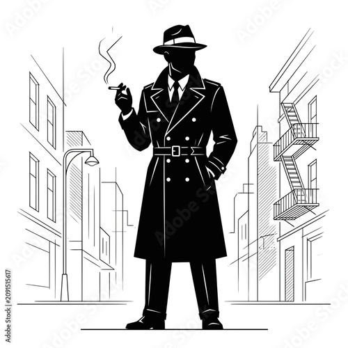 Foto Silhouette Detective Smoking Cigarette on City Street - Noir Style