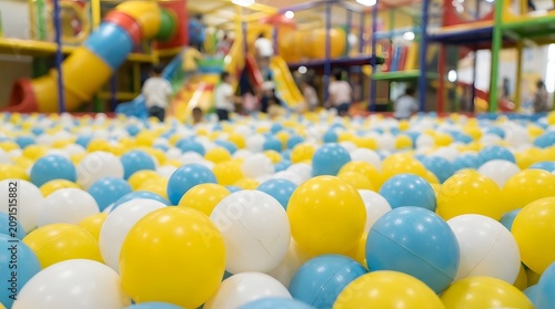 Vibrant children's play area featuring a massive ball pit filled with cheerful blue, yellow, and white plastic balls, creating a fun indoor environment for kids