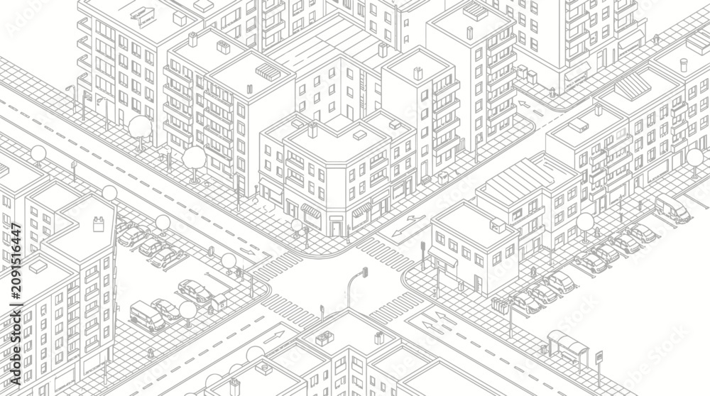 Fototapeta premium Isometric city street intersection with buildings and cars line art