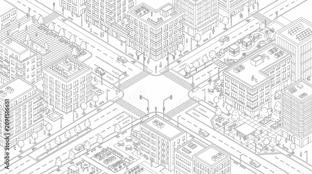 Fototapeta premium Isometric city street intersection with buildings and people line art
