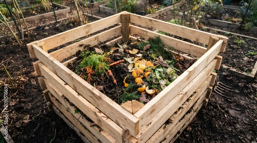 Eco-friendly garden compost bin filled with organic food and yard waste, promoting sustainable living and healthy soil enrichment for gardening