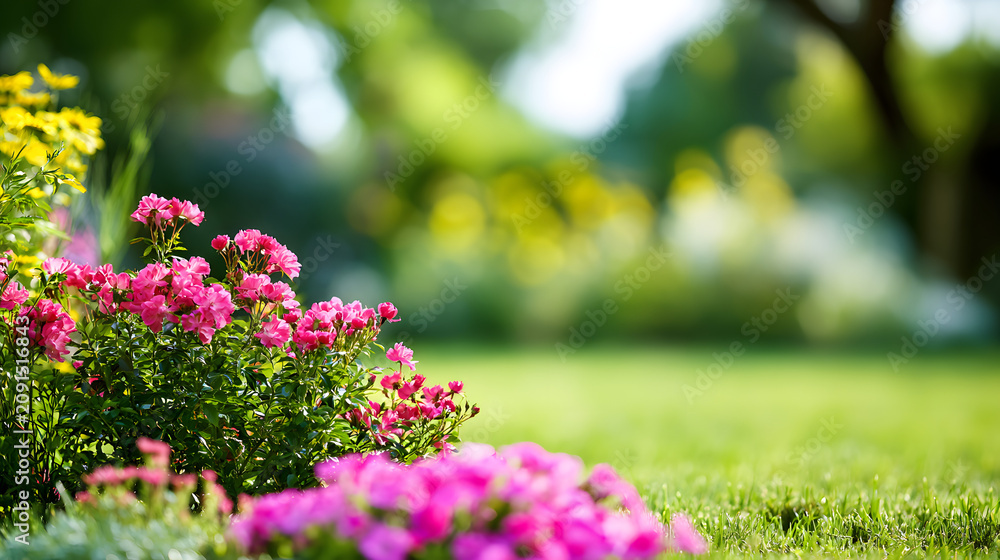 Naklejka premium A beautifully landscaped garden with a soft, blurry background, perfect for summer