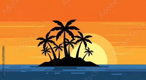 Tropical Island Silhouette at Sunset with Palm Trees and Ocean Waves.