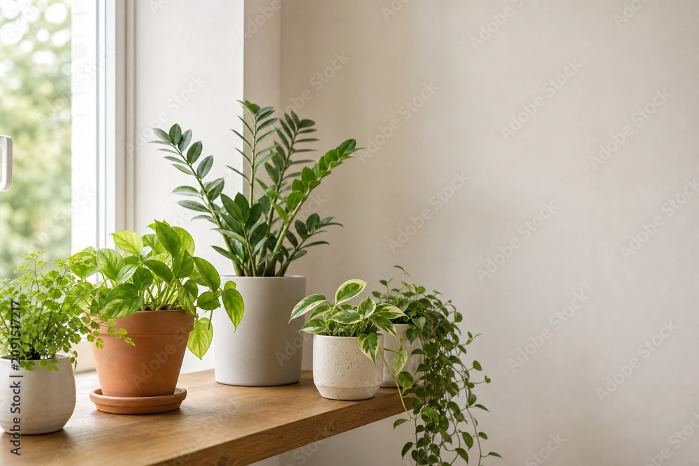 Fototapeta premium 窓辺に並ぶ観葉植物とハーブの明るい室内