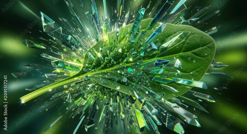 Fototapeta premium Vibrant Green Leaf Exploding with Crystalline Energy and Light.