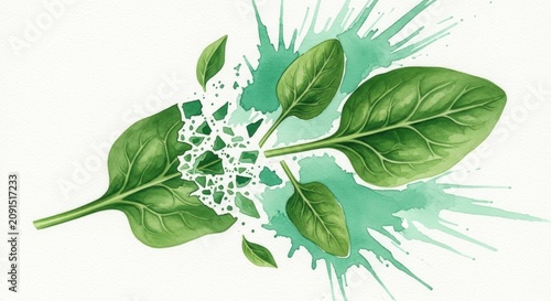 Vibrant Spinach Leaves with Artistic Green Splatter Effect.