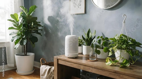 White humidifier releasing mist near indoor plants on wooden table in a bright, modern interior home setting