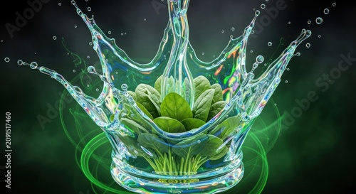 Abstract Crown Splash of Water with Green Leaves and Smoke Effect.