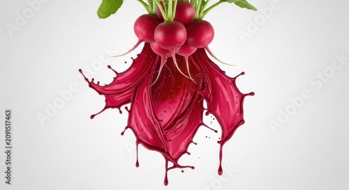 Juicy Radish Splash with Green Leaves on White Background.