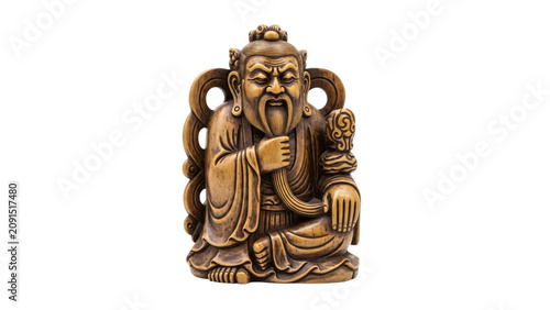 Wooden statue of seated buddha with his hands clasped in front of.