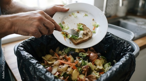 Person's hands actively discarding food scraps into a compost bin, highlighting responsible kitchen waste management and sustainable living practices in a modern home