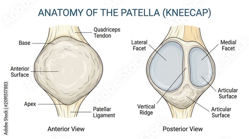 Patella kneecap anatomy showing quadriceps tendon and patellar ligament attachment points.