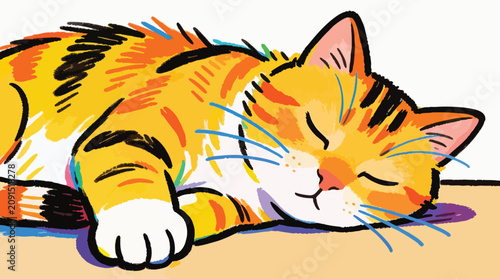 Fotografía Sleeping Ginger Tabby Cat Illustration in Color Pencil and Crayon Art Style