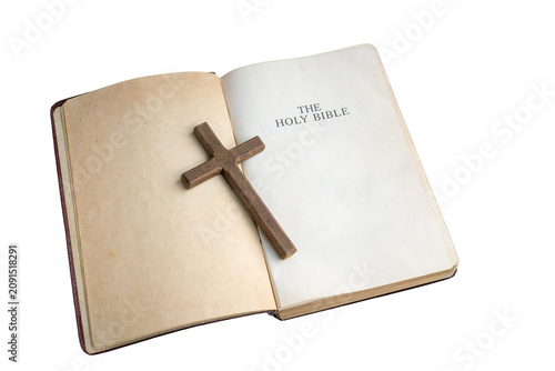 Open Holy Bible with Wooden Cross. Isolated on transparent background.