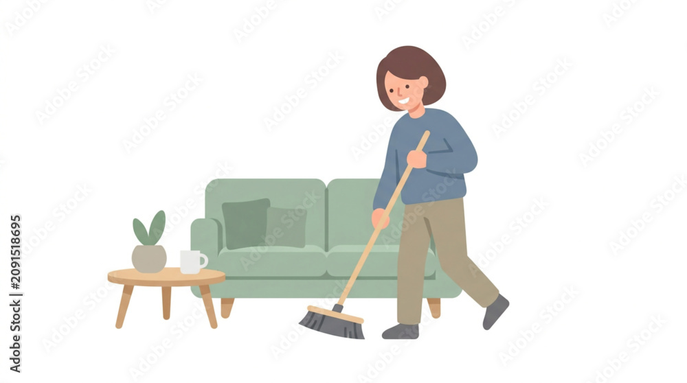 Fototapeta premium Woman actively sweeping floor with broom near sofa and coffee table indoors.