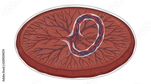 Anatomical view of placenta showing detailed vascular structure and coiled umbilical cord.