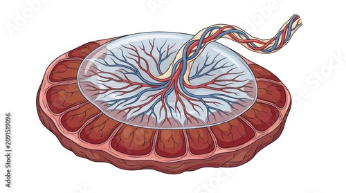 Schematic view of human placenta showing fetal surface with umbilical cord vessel network.