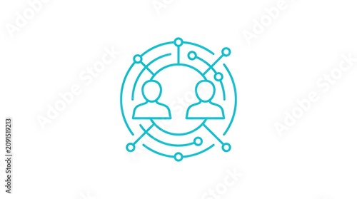 Technology network nodes icon with human silhouettes connected by digital line pattern.