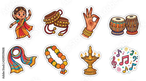 Set of cute Indian cultural stickers featuring traditional dance elements and festive symbols.