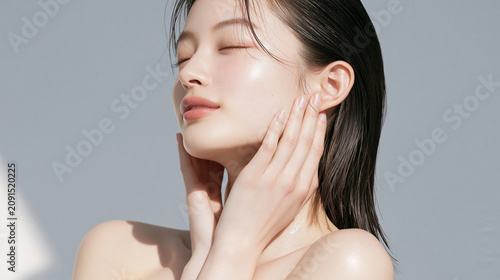 透明感のある白い肌の女性の横顔ポートレート。 美容、スキンケア、広告素材