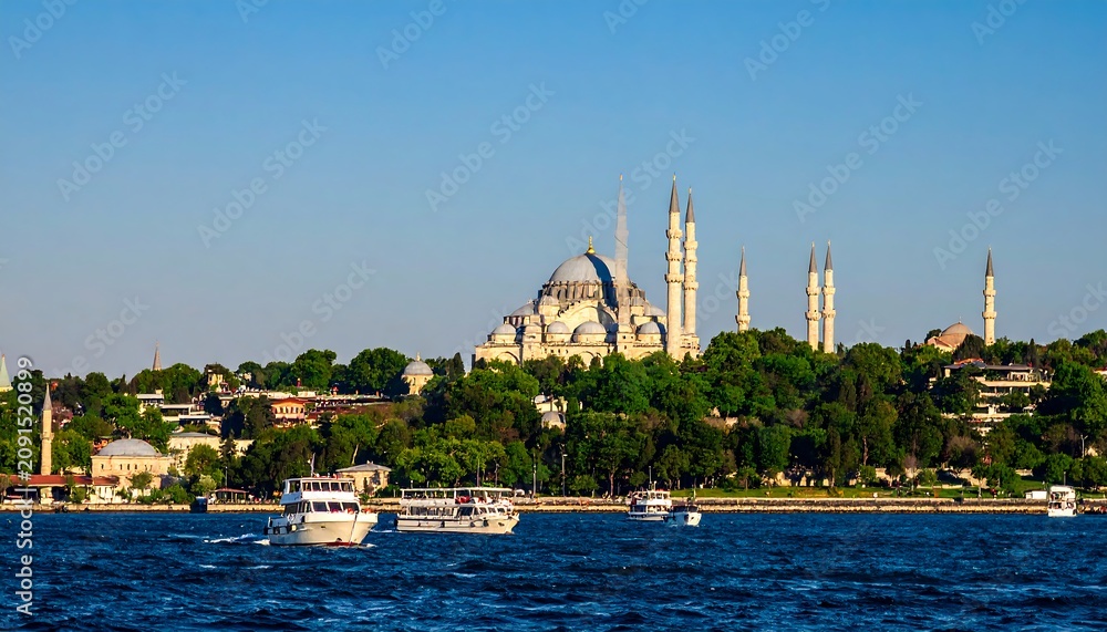 Naklejka premium Mosque Overlooking Harbor with Boats on Water
