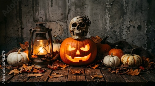Spooky Halloween still life featuring a glowing jack-o'-lantern, skull with spider, and vintage lantern on a rustic wooden table with autumn leaves.