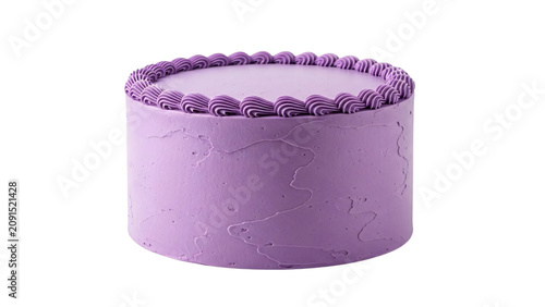 Purple cake with white frosting on top of it and purple icing.