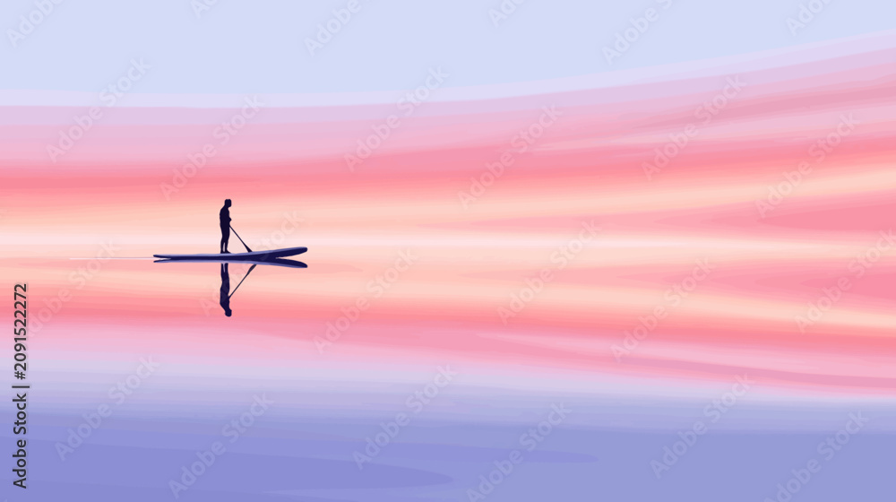 Naklejka premium Person paddling on calm water at sunset pastel sky