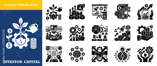 Investor capital growth money investment finance business strategy and startup icons.