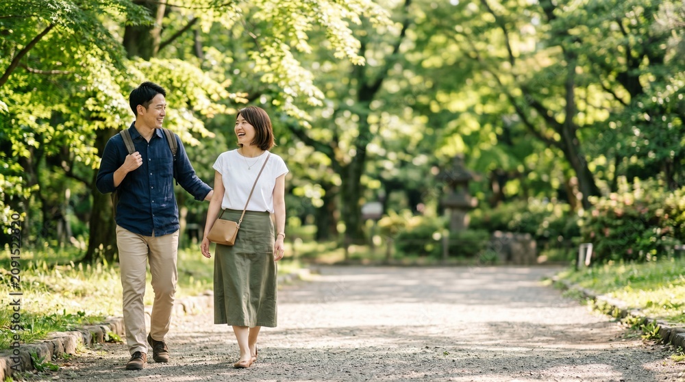 Obraz premium 晴れた日の公園を散歩する仲の良い夫婦の自然な笑顔