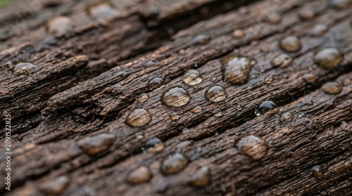 Weathered Teak Wood Texture with Rain Droplets, Close-Up Illustration