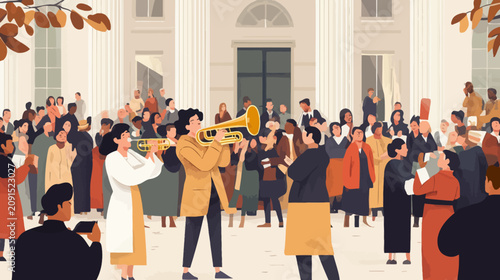 Outdoor crowd gathering with trumpet player and music