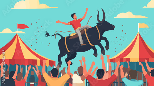 Man riding bull with crowd watching festive event