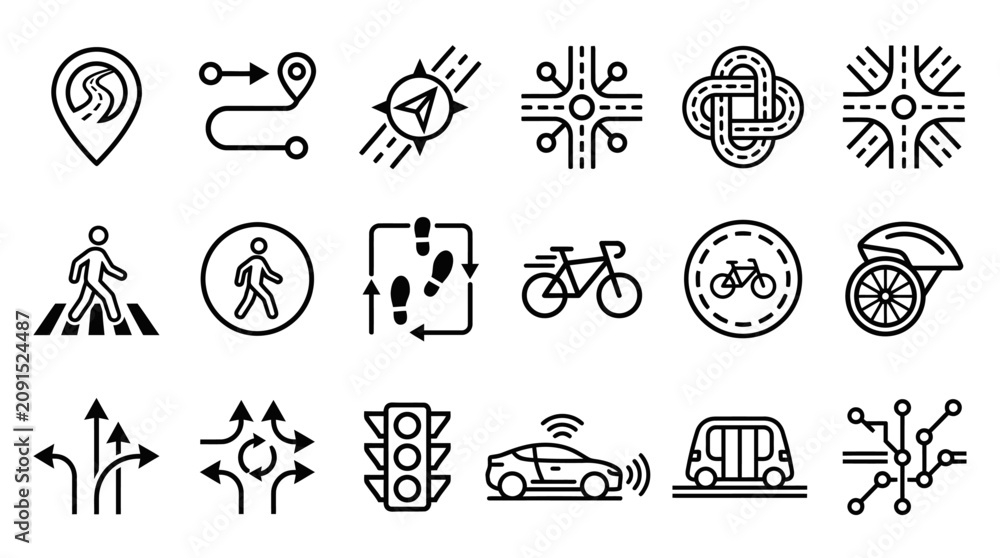 Fototapeta premium Collection of linear transport and navigation icons representing road systems, urban mobility, traffic management, and pedestrian route direction