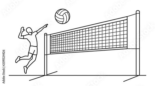 Dynamic Line Art of a Volleyball Player Spiking Over the Net.