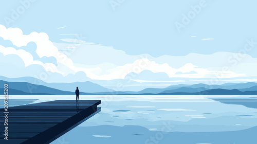 Lone figure on dock overlooking calm blue water and mountains