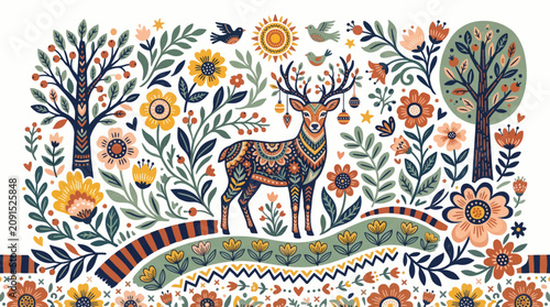 Photos Vibrant illustrated deer standing amidst whimsical floral forest pattern evoking