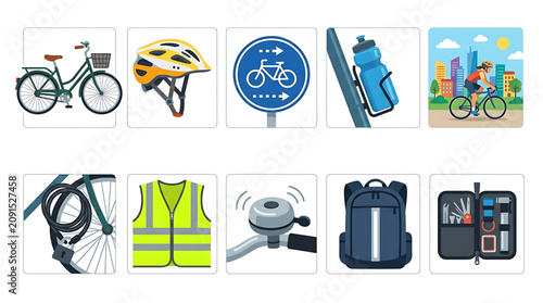 A set of colorful vector icons depicting various bicycle accessories and safety gear