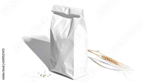 A white, folded paper bag rests next to a sprig of wheat on a clean, white background, with a prominent shadow