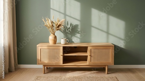 Minimalist Wooden Sideboard with Rattan Doors against Sage Green Wall with Sunlight Shadows