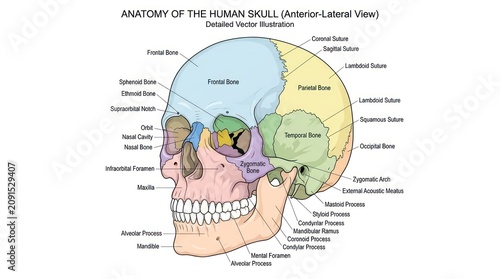 Detailed anterior lateral view of human skull anatomy illustrating bone structure clearly.