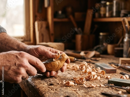 Woodworker's hands carving wood with curling shavings in a workshop