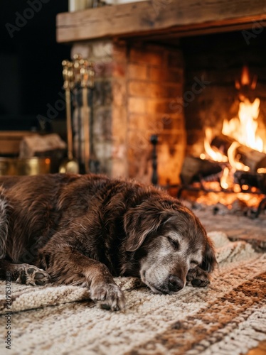 Senior dog resting by a warm fireplace, cozy winter pet lifestyle photo