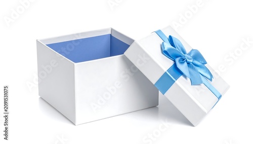 A white gift box, open to reveal a blue interior, is topped with a blue ribbon bow