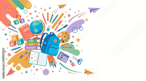 Welcome back to school vector illustration with backpack, globe, books, calculator, and stationery items floating in a dynamic composition, perfect for educational banners, posters, and web design.
