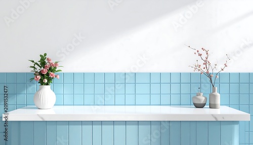 A white shelf displays floral arrangements against a white wall and blue-tiled backdrop. Sunlight casts diagonal shadows across the surface