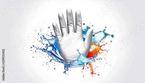 A white glove is centered, its fingers gesturing upwards, amidst dynamic blue and orange liquid splashes. The background is a gradient white