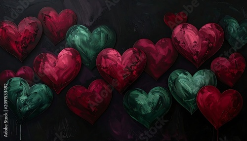 Red and Green Hearts Arranged on Black Background