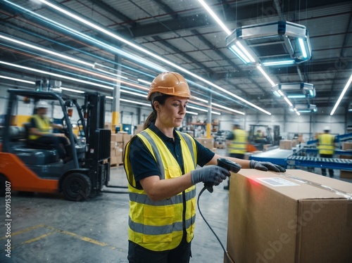 A diligent female warehouse worker wearing a safety helmet and vest uses a handheld laser scanner to record parcel delivery information while operating within a busy industrial distribution