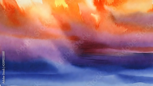 Abstract blurred colorful cloudy sky sunset, watercolor painting textured paper. Gradient color scheme. Sky texture, abstract nature background, motion blur gradient page design, banner template